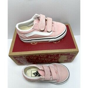 Vans Old Skool V Toddler Pink White Hook Loop Sneakers Kids Size 6.5 New